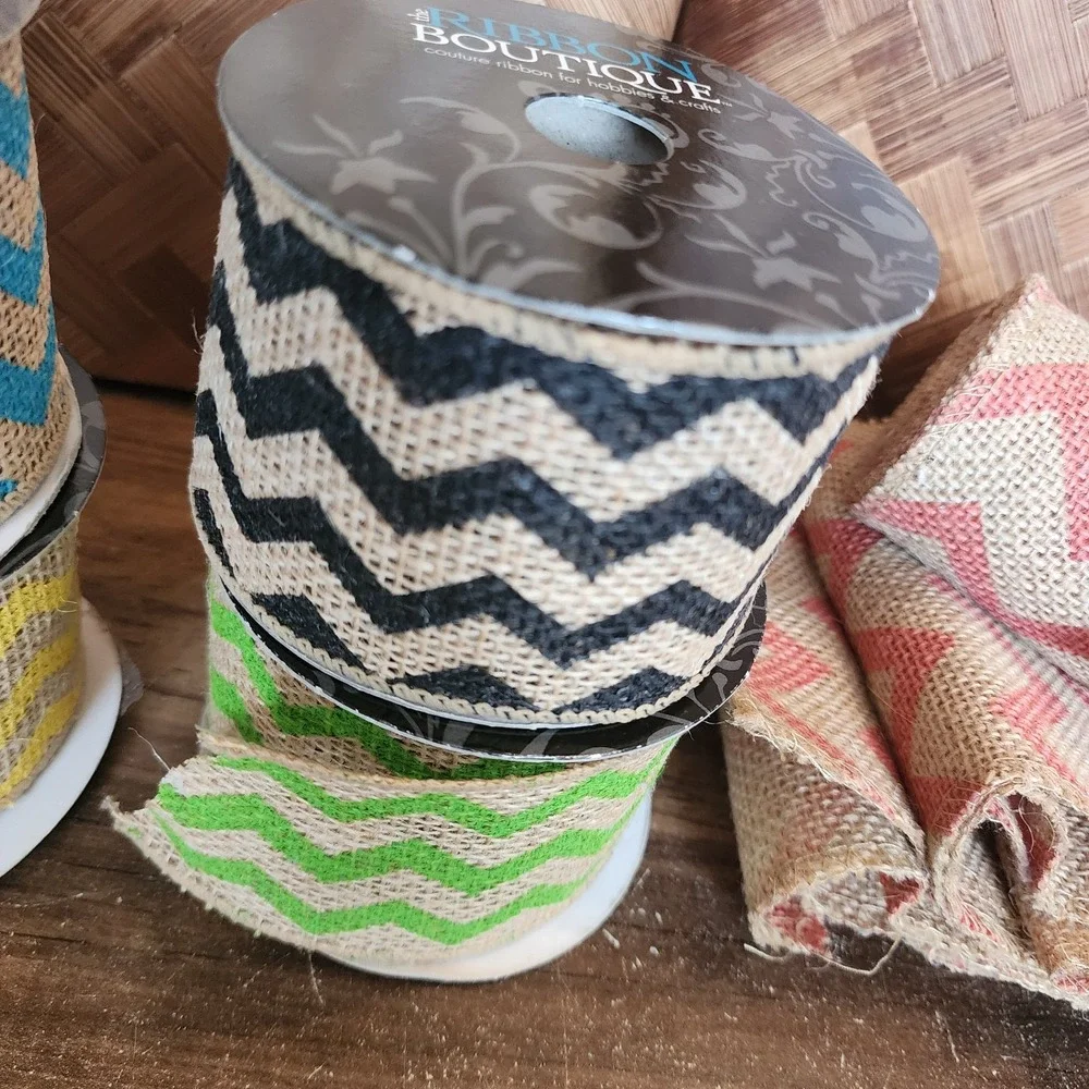 Lot of 6 Assorted Jute Ribbon Burlap Ribbon Chevron Red Green Yellow‎ Blue Black
